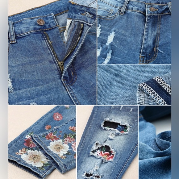 Floral distressed Blue Jeans - Picture 6 of 9